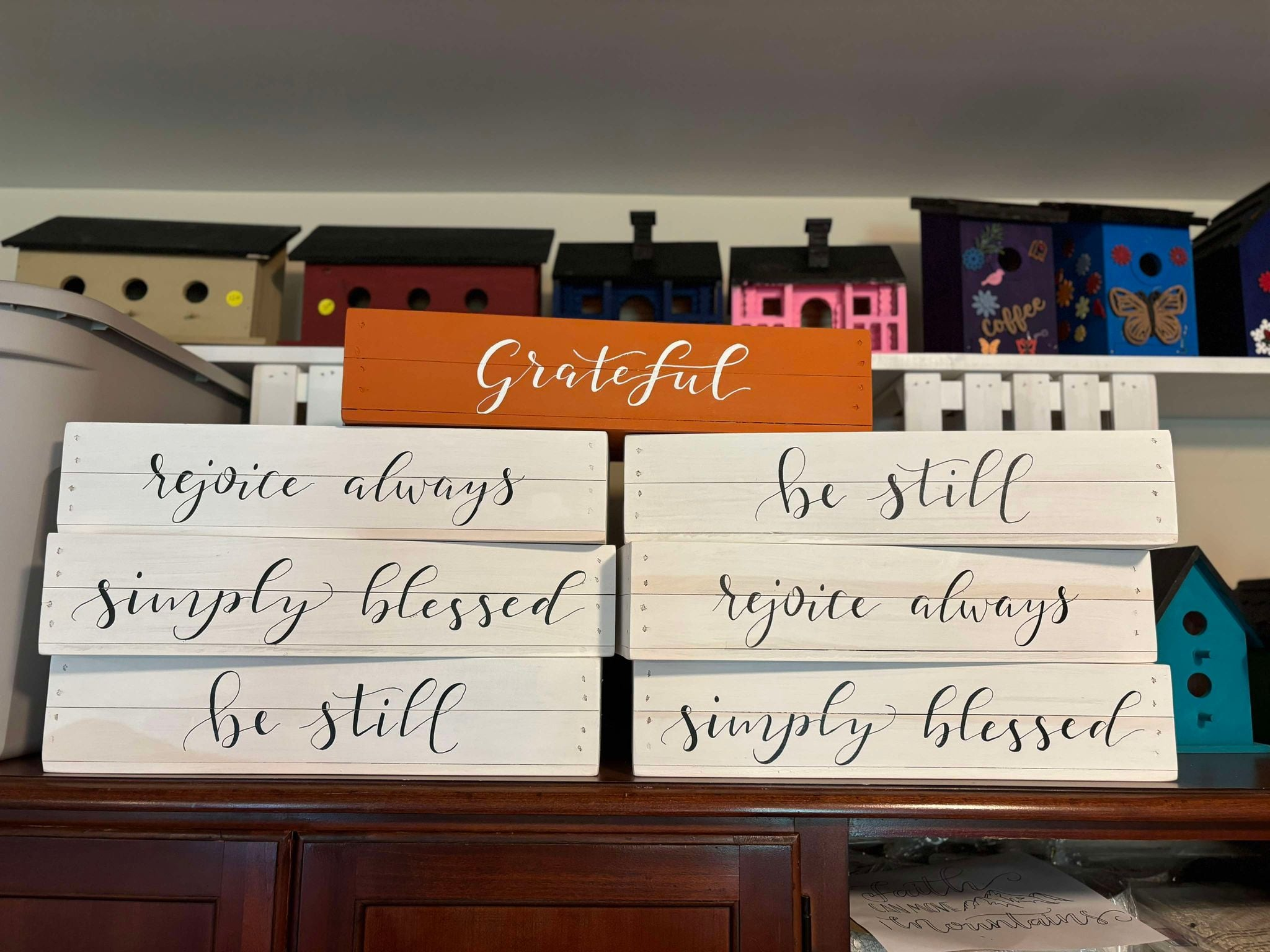 Grateful, rejoice always, be still, simply blessed, set of pallet signs