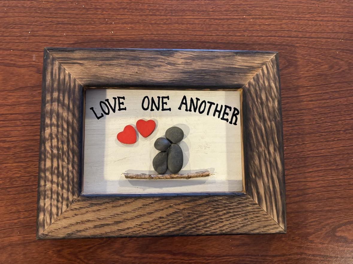 Love One Another, framed pebble art
